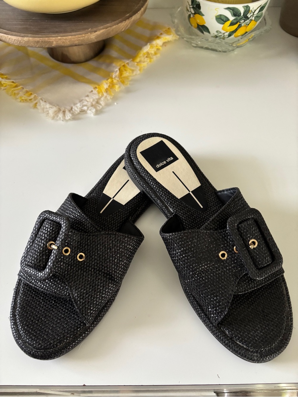Dolce Vita Black Textured Buckle Slide Sandals